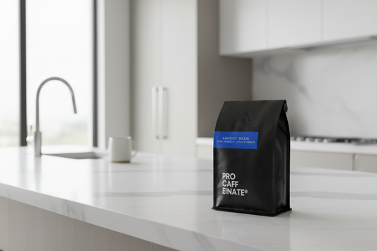 Ascend blue coffee from Procaffeinate on a kitchen counter top. 