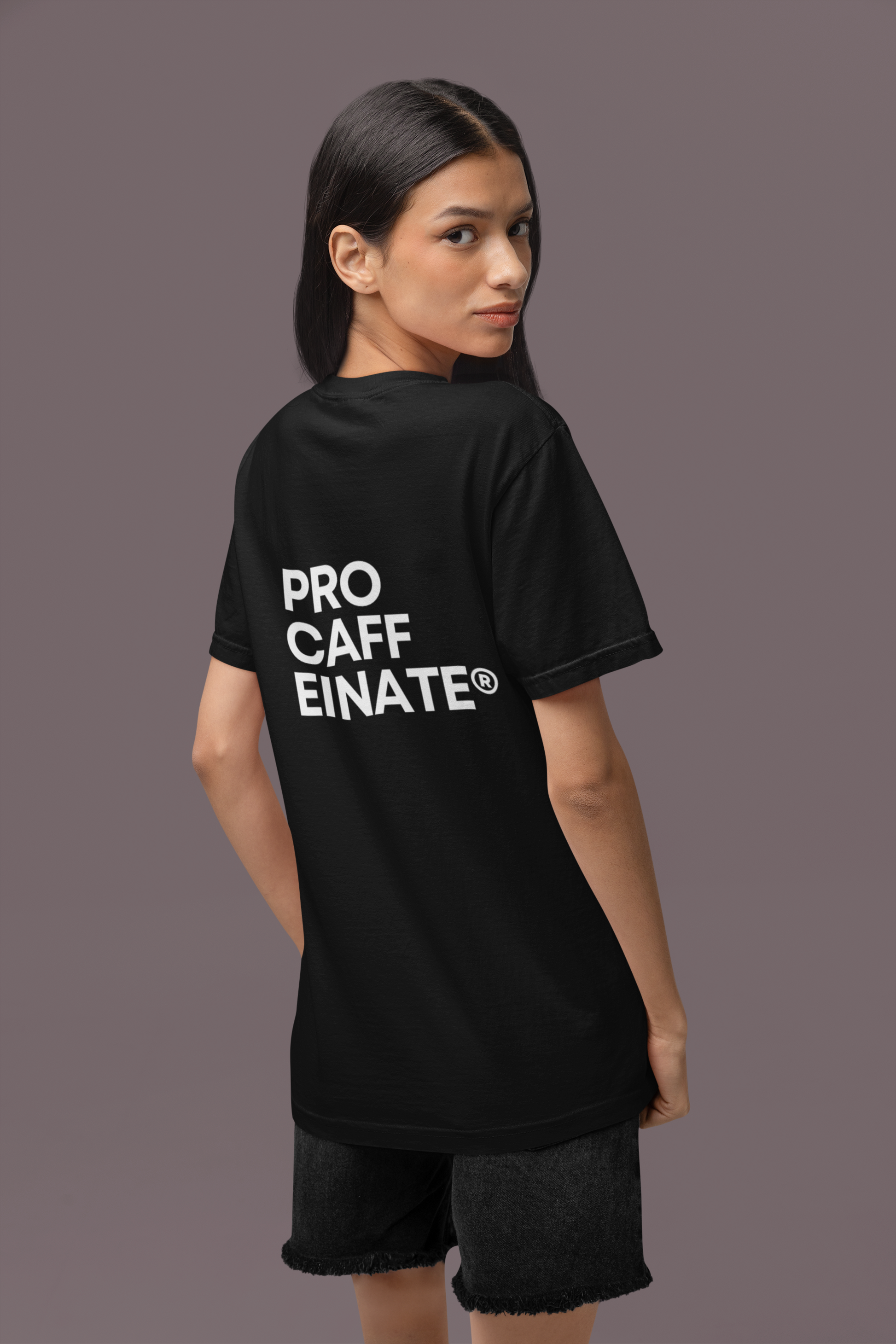 Woman wearing the branded T-shirt from Procaffeinate Coffee