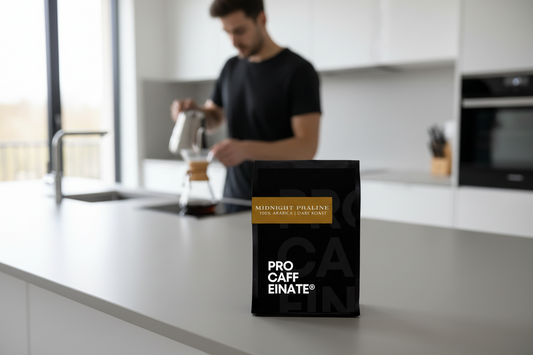 Midnight praline coffee from Procaffeinate. Man in his kitchen making coffee 